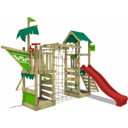 FATMOOSE Parco giochi in legno WaterWorld Giochi da giardino con altalena e scivolo rosso Casetta da gioco per l'arrampicata con sabbiera e scala di precio