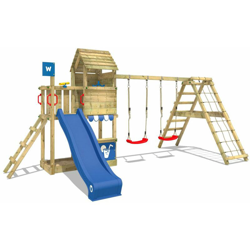 WICKEY Parco giochi in legno Smart Port Giochi da giardino con altalena e scivolo blu Torre d'arrampicata da esterno con sabbiera e scala di risalita en oferta