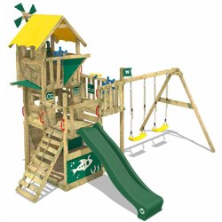 WICKEY Parco giochi in legno Smart Engine Giochi da giardino con altalena e scivolo verde Casetta da gioco per l'arrampicata con sabbiera e scala di en oferta