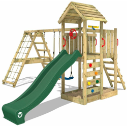 WICKEY Parco giochi in legno RocketFlyer Giochi da giardino con altalena e scivolo verde Torre d'arrampicata da esterno con sabbiera e scala di características