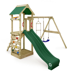 WICKEY Parco giochi in legno FreeFlyer Giochi da giardino con altalena e scivolo verde Torre d'arrampicata da esterno con sabbiera e scala di características