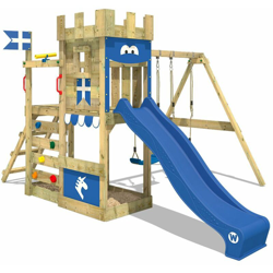 WICKEY Parco giochi in legno RoyalFlyer Giochi da giardino con altalena e scivolo blu Torre d'arrampicata da esterno con sabbiera e scala di risalita características