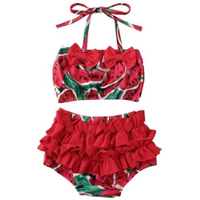 Baby Girl Summer Pineapple Watermelon Print Swimwear Toddlers Kids Children Bikini Set Ruffle Bowknot Swimsuit [ anguria Rossa / Da 6 A 12 Mesi]