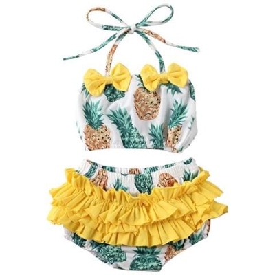 Baby Girl Summer Pineapple Watermelon Print Swimwear Toddlers Kids Children Bikini Set Ruffle Bowknot Swimsuit [ ananas Giallo / Da 2 A 3 Anni]