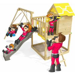 Parco giochi in legno Brilliant Heroows Altalena con doppia altalena e grande sabbiera, scivolo antracite e casa su palafitte precio