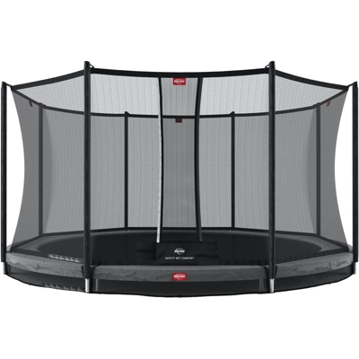 SOLO TRAMPOLINO Tappeto elastico da giardino interrato rotondo 430cm - grigio. Con rete di sicurezza a chiusura automatica e bordo protettivo spesso