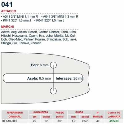 Barra motosega 25 cm - 10" passo 3/8" Spessore 1.3 mm - .050" attacco 041 - 452703