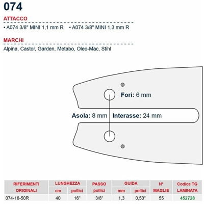 Barra motosega 40 cm - 16" passo 3/8" Spessore 1.3 mm - .050" attacco 074 - 452728