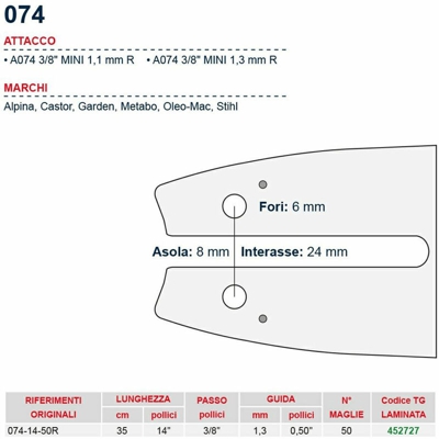 Barra motosega 35 cm - 14" passo 3/8" Spessore 1.3 mm - .050" attacco 074 - 452727