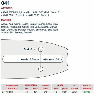 Barra motosega 40 cm - 16" passo 3/8" Spessore 1.3 mm - .050" attacco 041 - 452702