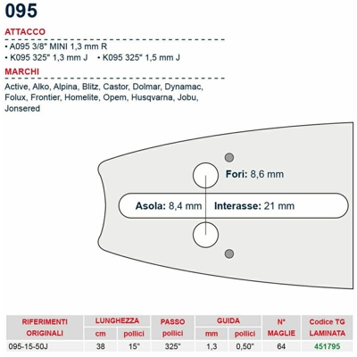 Barra motosega 38 cm - 15" passo .325" Spessore 1.3 mm - .050" attacco 095 - 451795