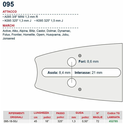 Barra motosega 45 cm - 18" passo .325" Spessore 1.3 mm - .050" attacco 095 - 452785