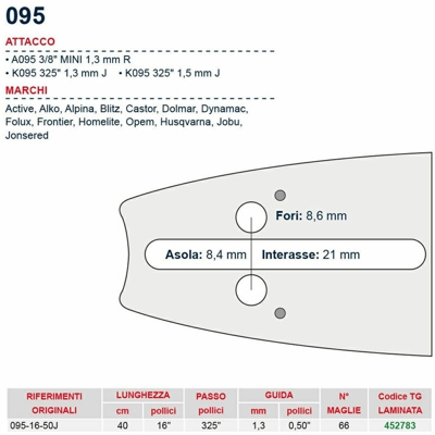 Barra motosega 40 cm - 16" passo .325" Spessore 1.3 mm - .050" attacco 095 - 452783