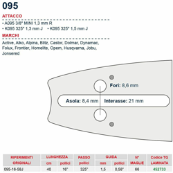 Barra motosega 40 cm - 16" passo .325" Spessore 1.5 mm - .058" attacco 095 - 452733 características