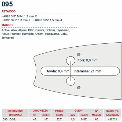 Barra motosega 40 cm - 16" passo .325" Spessore 1.5 mm - .058" attacco 095 - 452733