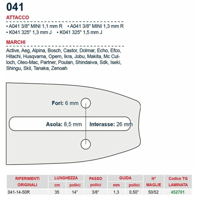 Barra motosega 5 cm - 14" passo 3/8" Spessore 1.3 mm - .050" attacco 041 - 452701