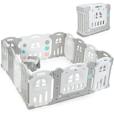 Box per Bambini Pieghevole, con Tavolo e Sgabello, Barriera di Sicurezza per Bambini, Struttura Stabile, Recinto Plastica, 12 + 2 Pannelli, 151 x 151