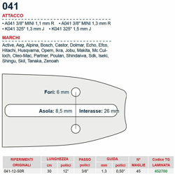 Barra motosega 30 cm - 12" passo 3/8" Spessore 1.3 mm - .050" attacco 041 - 452700 características