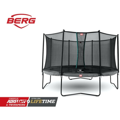 SOLO TRAMPOLINO Tappeto elastico da giardino rotondo 380cm – grigio. Rete con ingresso a chiusura automatica. Salti fluidi grazie alle molle diagonale