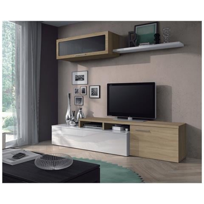 Mobile Soggiorno Porta Tv, Set Da Salotto Reversibile (posizionabile Ad Angolo), Con Due Ante, Modulo Pensile E Mensola, Colore Rovere E Bianco Lucido, Misure 200 X 44 X 41 Cm