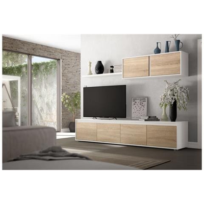 Mobile Da Soggiorno Porta Tv A Quattro Ante, Con Modulo Pensile E Mensola, Colore Rovere Canadian E Bianco Artik, Misure Porta Tv 200 X 43 X 41 Cm Pensile 105 X 35 X 29 Cm Mensola 95 X 3 X 21 Cm