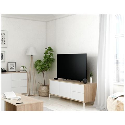 Mobile Da Soggiorno Porta Tv Composto Da Un Modulo A Due Ante E Due Cassetti, Colore Rovere E Bianco, Cm 130 X 47 X 41