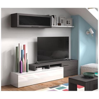 Mobile Soggiorno Porta Tv, Set Da Salotto Reversibile (posizionabile Ad Angolo), Con Due Ante, Modulo Pensile E Mensola, Colore Grigio Cenere E Bianco Lucido, Misure 200 X 44 X 41 Cm