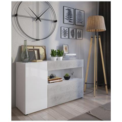 Credenza Moderna A 2 Ante A Ribalta E 1 Cassetto, Buffet Da Cucina, Madia Con Scaffali E Ripiani, Mobile Da Soggiorno Porta Tv, Cm 130x41h81, Colore Bianco Lucido E Cemento características