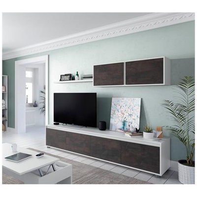 Mobile Da Soggiorno Porta Tv A Quattro Ante, Con Modulo Pensile E Mensola, Colore Marrone Scuri E Bianco Lucido, Misure Mobile Porta Tv 200 X 43 X 41 Cm Pensile 105 X 35 X 29 Cm Mensola 95 X 3 X 21 Cm