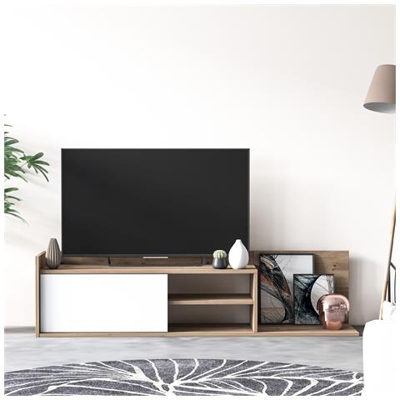 Mobile Da Soggiorno Porta Tv Con Un'anta E Due Ripiani, Cm 160 X 37 X 40, Colore Quercia E Bianco