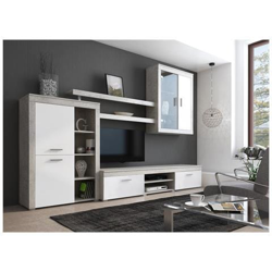 Parete Attrezzata Da Soggiorno, Mobile Porta Tv Con Pensili, Scaffali E Vetrinetta, Salotto Moderno Completo, Made In Italy, Cm 293x50h144, Colore Bianco E Cemento características