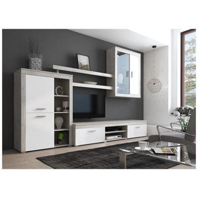 Parete Attrezzata Da Soggiorno, Mobile Porta Tv Con Pensili, Scaffali E Vetrinetta, Salotto Moderno Completo, Made In Italy, Cm 293x50h144, Colore Bianco E Cemento