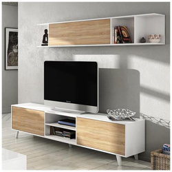 Mobile Da Soggiorno Porta Tv, Colore Bianco Lucido E Rovere, Misure 180 X 51 X 41 Cm en oferta