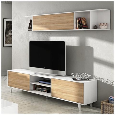 Mobile Da Soggiorno Porta Tv, Colore Bianco Lucido E Rovere, Misure 180 X 51 X 41 Cm