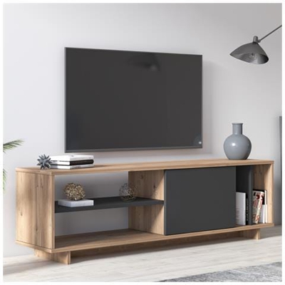 Mobile Da Soggiorno Porta Tv Con Quattro Scomparti E Un'anta Battente, Cm 152 X 35 X 46, Colore Quercia E Antracite