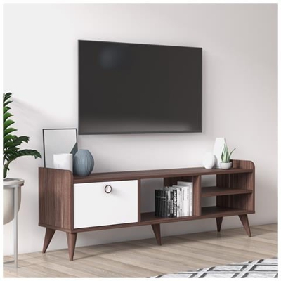 Mobile Da Soggiorno Porta Tv Con Un'anta A Ribalta E Scomparti, Cm 140 X 35 X 49, Colore Noce Con Dettaglio Bianco