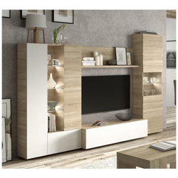 Mobile Da Soggiorno Modulare Composto Da Un Modulo Basso Porta Tv Con Un? anta, Due Vetrine Con Tre Ante Ante E Luci Led Con Al Centro Una Mensola, Colore Rovere Con Inserti Bianco Lucido, Cm 260 X185 X 42. características