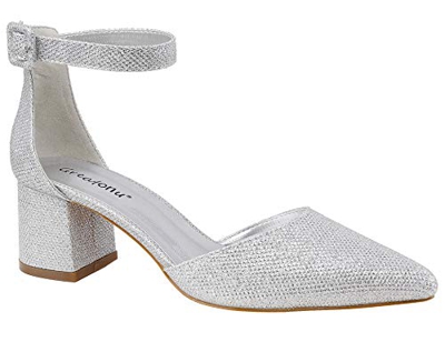 Greatonu Sandali da Donna Sandali Bassi con Cinturino alla Caviglia Mary Jane Classic Court Shoes Glitter d'Argento 39EU