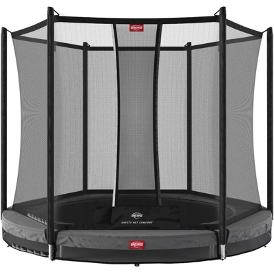 SOLO TRAMPOLINO Tappeto elastico da giardino interrato rotondo 270cm - grigio. Con rete di sicurezza a chiusura automatica e bordo protettivo spesso