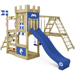 WICKEY Parco giochi in legno DragonFlyer Giochi da giardino con altalena e scivolo blu Torre d'arrampicata da esterno con sabbiera e scala di precio