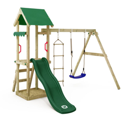 WICKEY Parco giochi in legno TinyCabin Giochi da giardino con altalena e scivolo verde Torre d'arrampicata da esterno con sabbiera e scala di en oferta