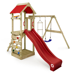 WICKEY Parco giochi in legno FreeFlyer Giochi da giardino con altalena e scivolo rosso Torre d'arrampicata da esterno con sabbiera e scala di precio