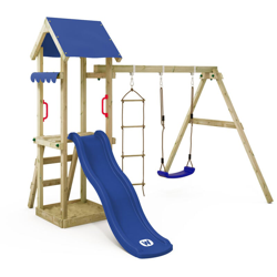 WICKEY Parco giochi in legno TinyCabin Giochi da giardino con altalena e scivolo blu Torre d'arrampicata da esterno con sabbiera e scala di risalita en oferta