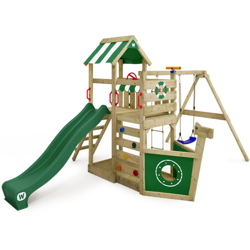 WICKEY Parco giochi in legno SeaFlyer Giochi da giardino con altalena e scivolo verde Casetta da gioco per l'arrampicata con sabbiera e scala di en oferta