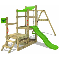 FATMOOSE Parco giochi in legno RabbitRally Giochi da giardino con altalena e scivolo mela verde Torre d'arrampicata da esterno con sabbiera e scala características