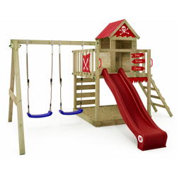 WICKEY Parco giochi in legno Smart Cave Giochi da giardino con altalena e scivolo rosso Casetta da gioco per l'arrampicata con sabbiera e scala di características