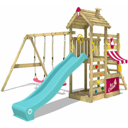 WICKEY Parco giochi in legno CherryFlyer Giochi da giardino con altalena e scivolo turchese Torre d'arrampicata da esterno con sabbiera e scala di en oferta