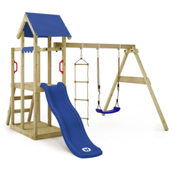 WICKEY Parco giochi in legno TinyPlace Giochi da giardino con altalena e scivolo blu Torre d'arrampicata da esterno con sabbiera e scala di risalita en oferta