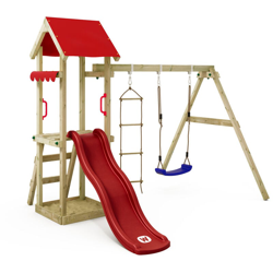 WICKEY Parco giochi in legno TinyCabin Giochi da giardino con altalena e scivolo rosso Torre d'arrampicata da esterno con sabbiera e scala di características