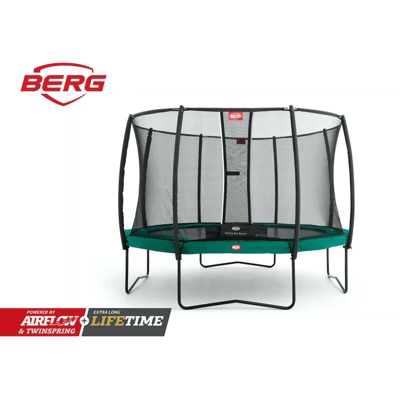 SOLO TRAMPOLINO Tappeto elastico da giardino rotondo 380cm - verde Deluxe. Rete con pali curvi per maggiore sicurezza. Salti fluidi grazie alle molle